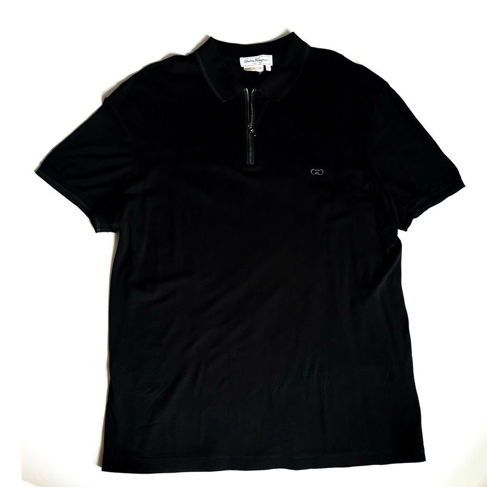 Salvatore Ferragamo Black Cotton Pique Logo Polo Shirt with Logo 3/4 Zipper XXL - Picture 4 of 13